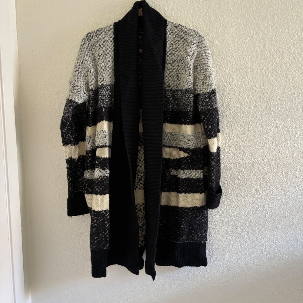 Banana Republic Wool Alpaca Bl. Stripe Open Cardigan Women Size M Black Grey
